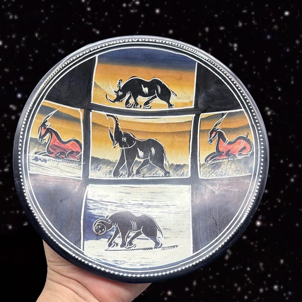 Elephant South African Painted Etched Soapstone Trinket Dish 8"W